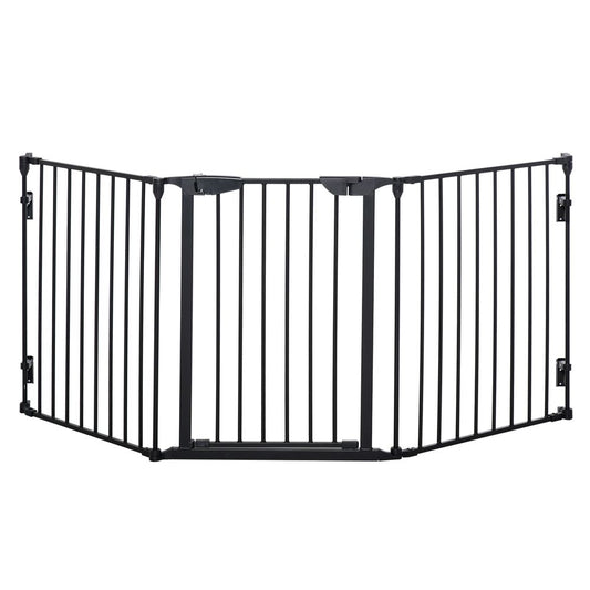 Pet Gate 3-Panel Dog Playpen for Indoor Stair Barrier W/ Walk Through Door Black