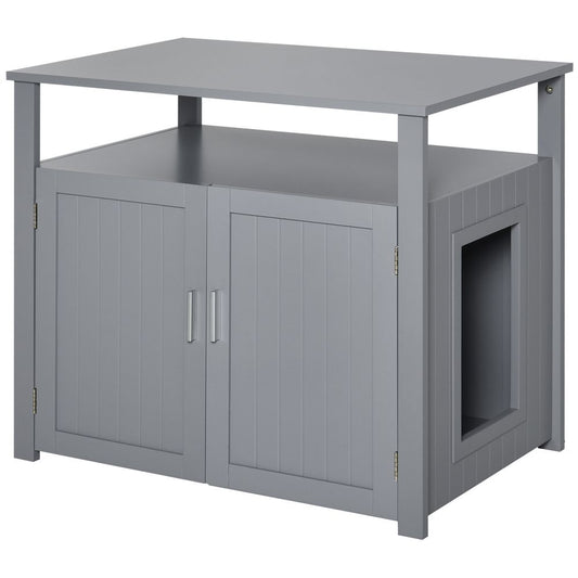 Wood Cat Litter Box Enclosure Furniture Adjustable Interior Wall Grey Pawhut