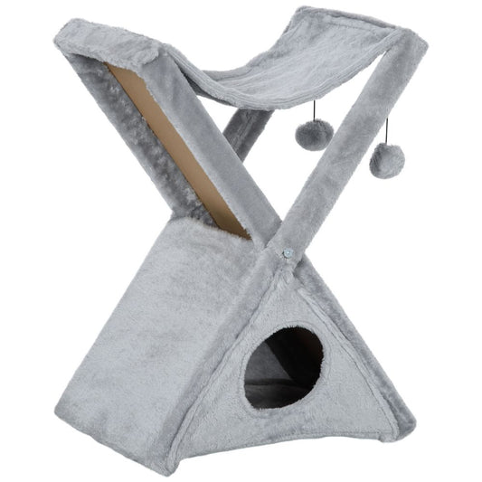 Plush Folding Cat Tree Play Rest Activity Tower w/ Scratching Post Grey Pawhut